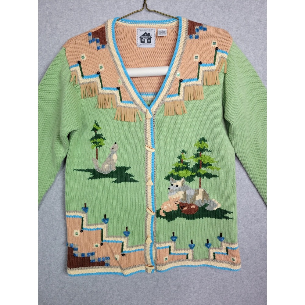 Storybook Knits Wolf Family Southwestern Fringe Cardigan Sweater Green Womens M - Picture 2 of 13